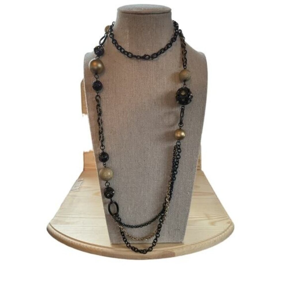 Black & Gold Multi-Bead Long Necklace With Chain Links